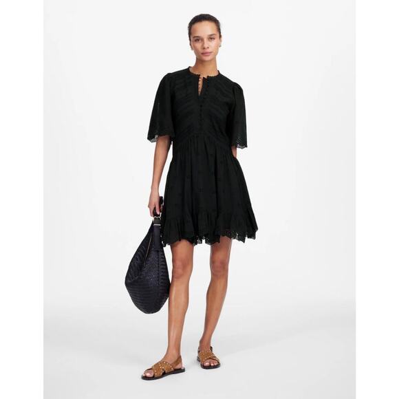 NWT Madewell Eyelet Flutter Sleeve Mini Dress in Cotton In Black Size 0 - Picture 1 of 8
